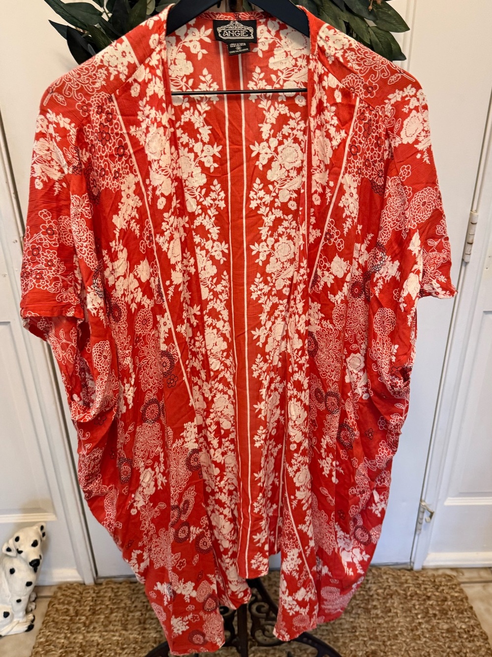 Angie Boho Floral Print Red Lightweight Kimono Open Front Cardigan Coverup SS M